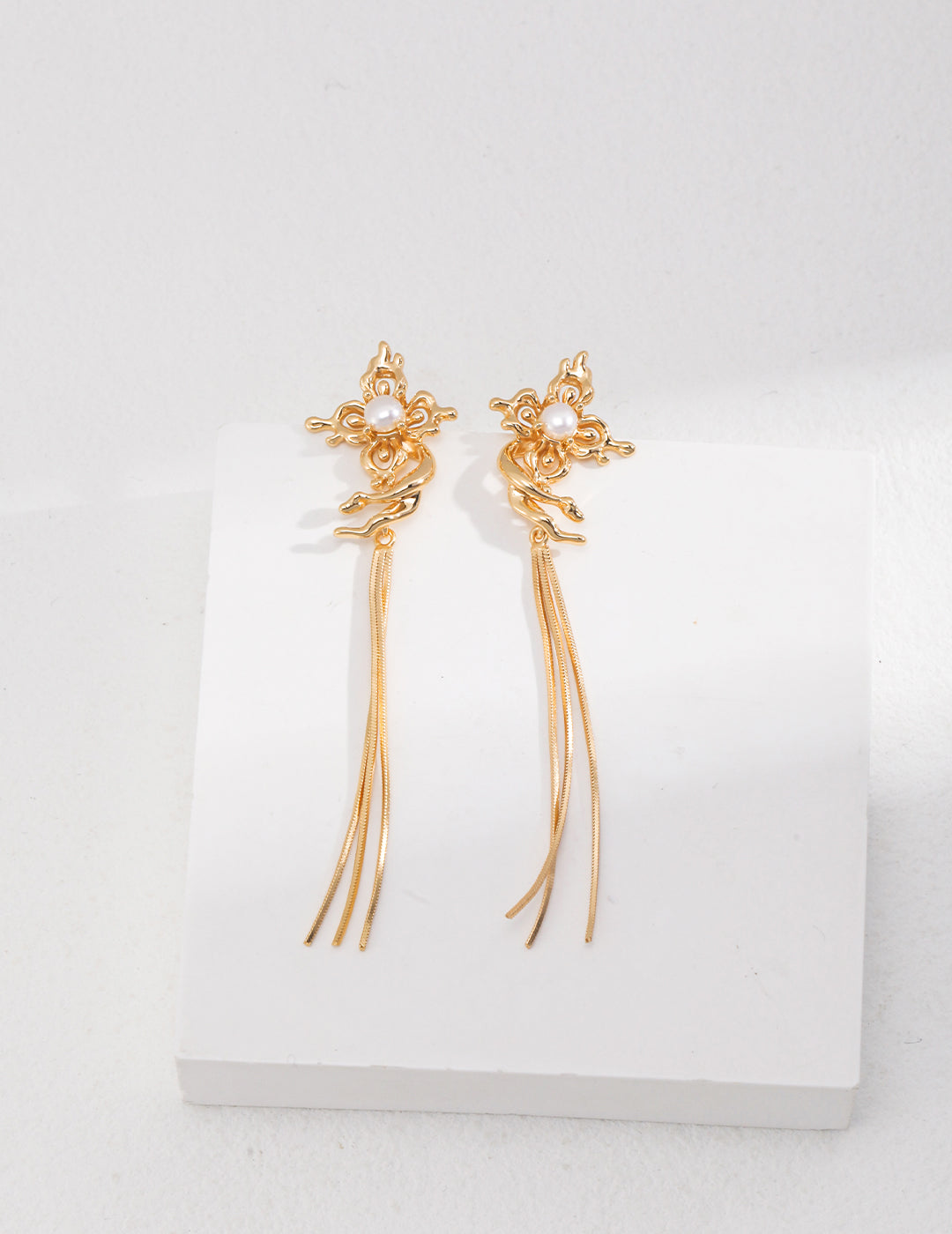 STERLING SILVER PEARL BUTTERFLY TASSEL STUD EARRINGS