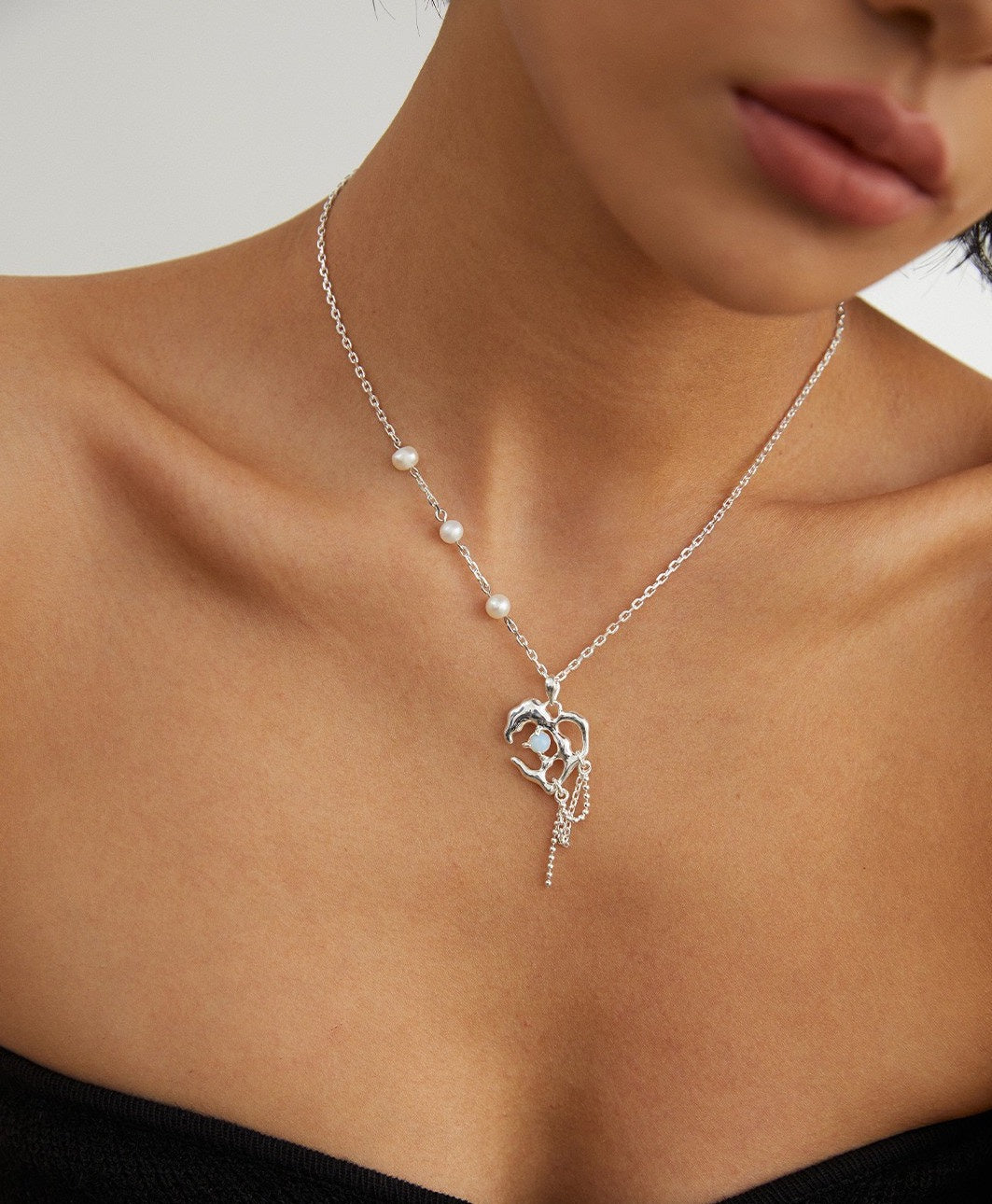 STERLING SILVER PEARL OPAL PENDANT NECKLACE
