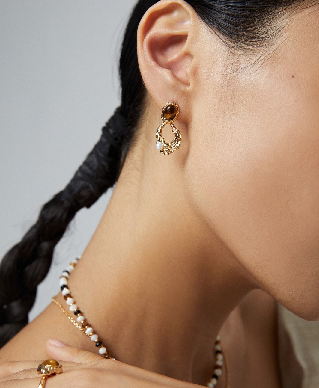 STERLING SILVER TIGER EYE DROP EARRINGS