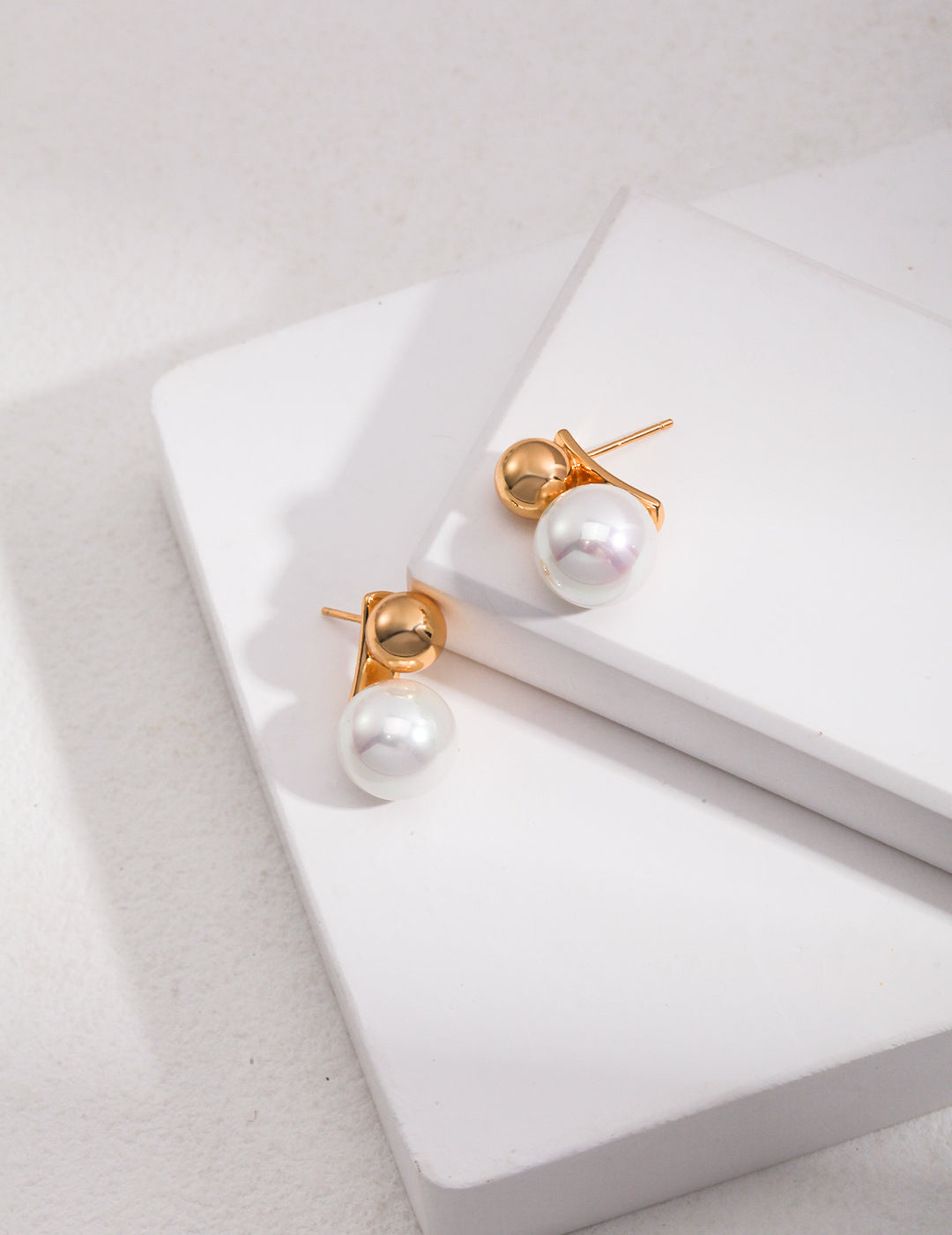 STERLING SILVER SHELL DUO-BEAD STUD EARRINGS