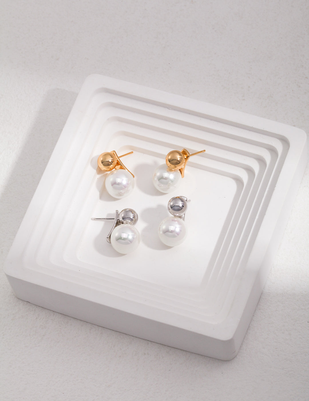 STERLING SILVER SHELL DUO-BEAD STUD EARRINGS