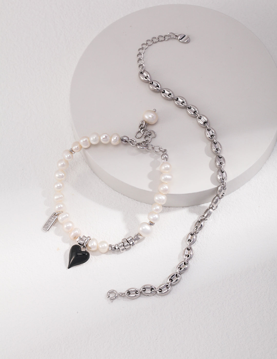 STERLING SILVER DRIP GLAZE PEARL HEART BRACELET