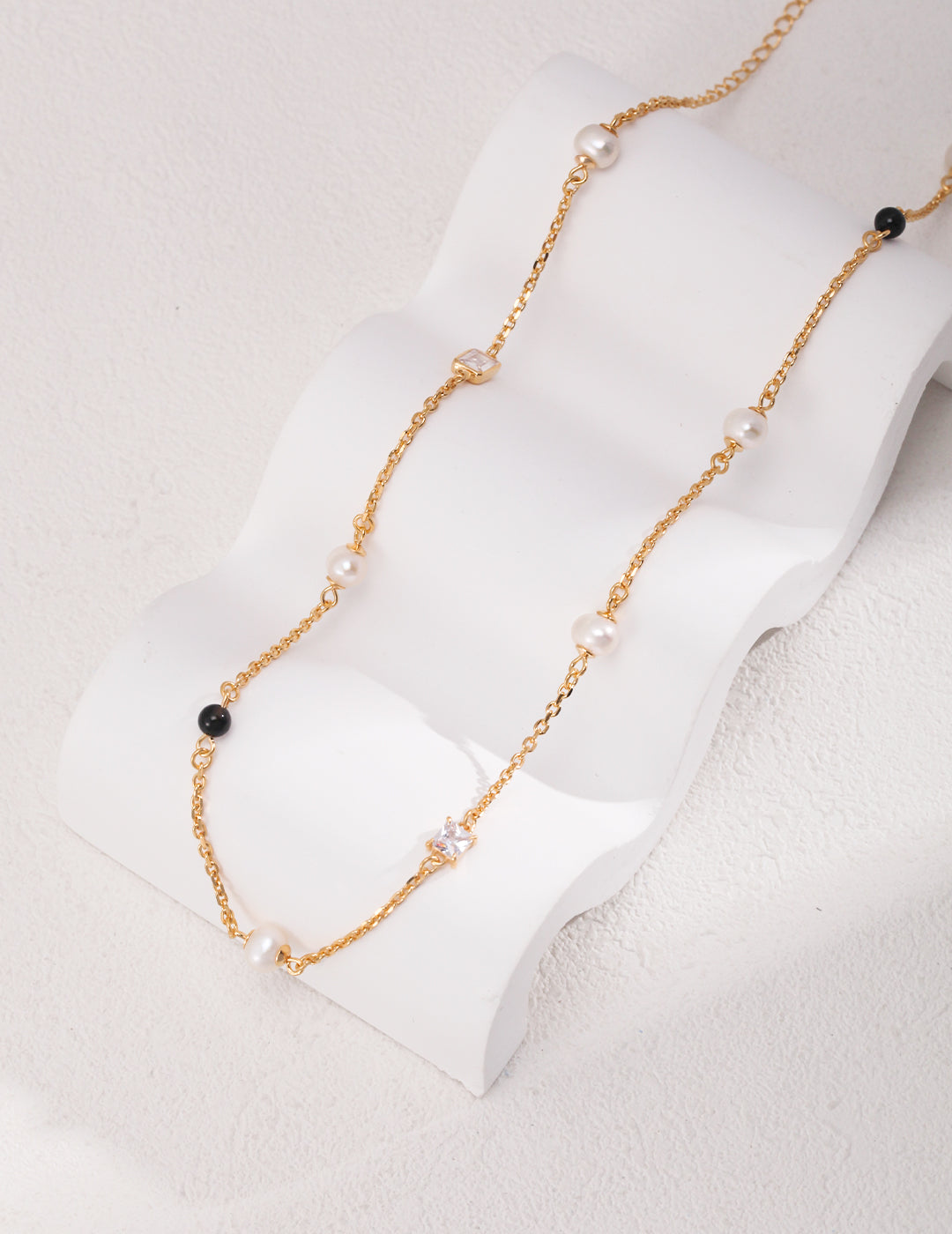 STERLING SILVER PEARL ONYX STACKING NECKLACE