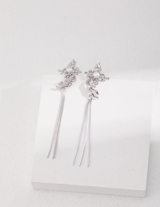 STERLING SILVER PEARL BUTTERFLY TASSEL STUD EARRINGS