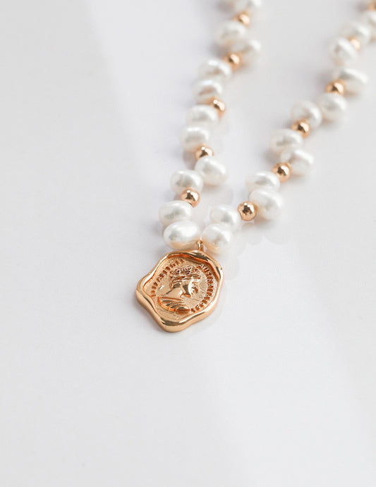 NATURAL PEARL STERLING SILVER COIN NECKLACE