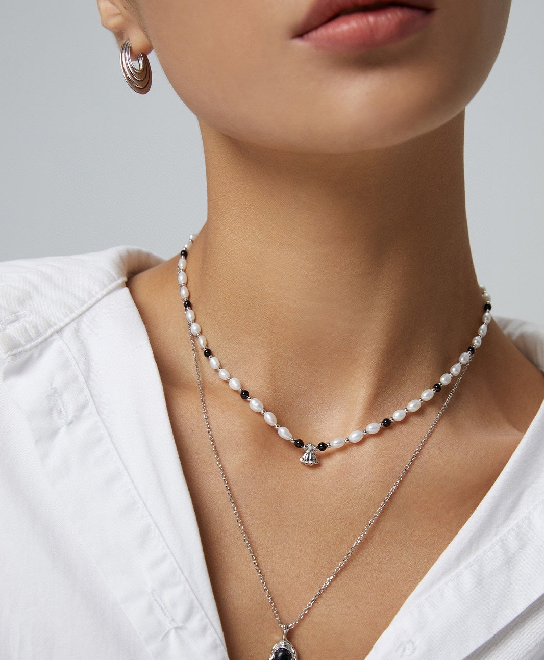 STERLING SILVER PEARL GEMSTONE STACKING NECKLACE