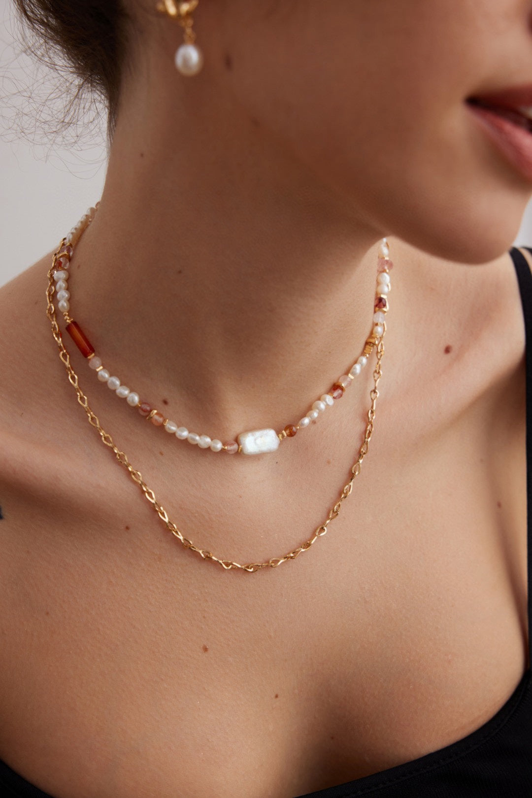 STERLING SILVER NATURAL PEARL STRAWBERRY CRYSTAL GRAVEL NECKLACE