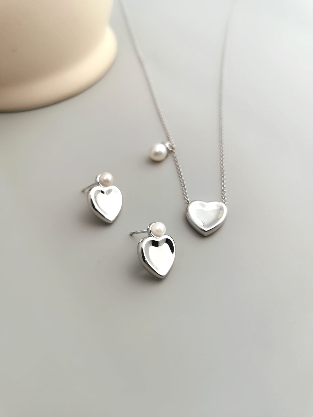 NATURAL PEARL STERLING SILVER LOVE NECKLACE & EARRINGS SET