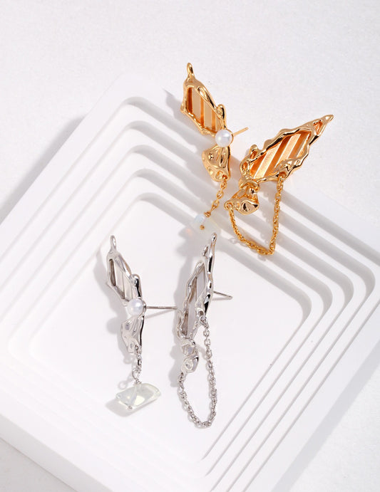 STERLING SILVER NATURAL PEARL BUTTERFLY AB ASYMMETRIC EARRINGS