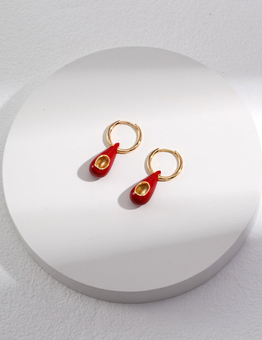 STERLING SILVER WATER DROP RED DRIP GLAZE EARRINGS