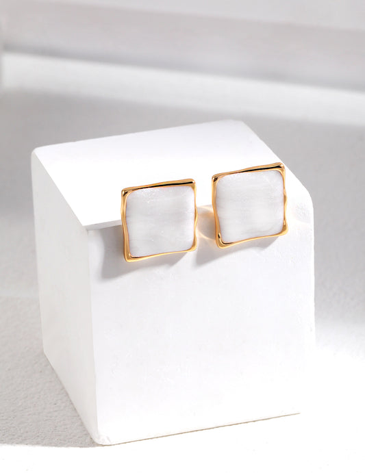 MINIMALIST CREAM DRIP GLAZE SQUARE STUD EARRINGS