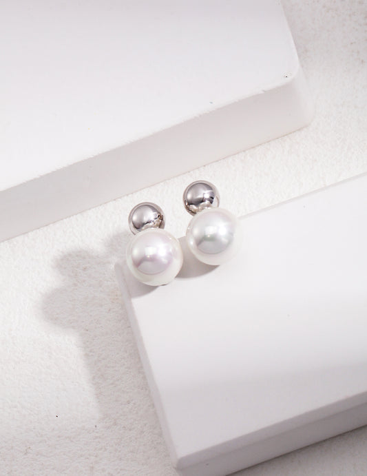 STERLING SILVER SHELL DUO-BEAD STUD EARRINGS