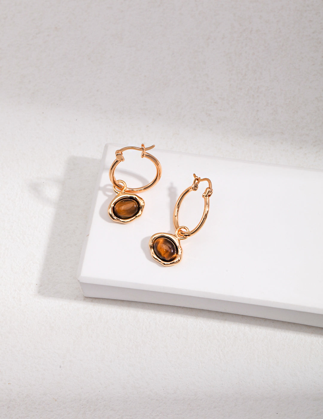 STERLING SILVER TIGER EYE STONE DROP HOOP EARRINGS