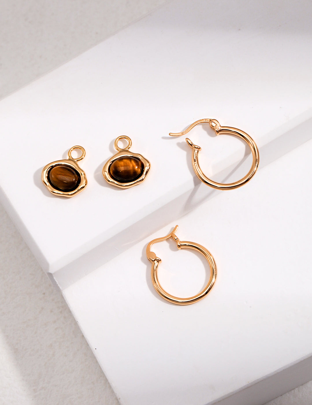 STERLING SILVER TIGER EYE STONE DROP HOOP EARRINGS