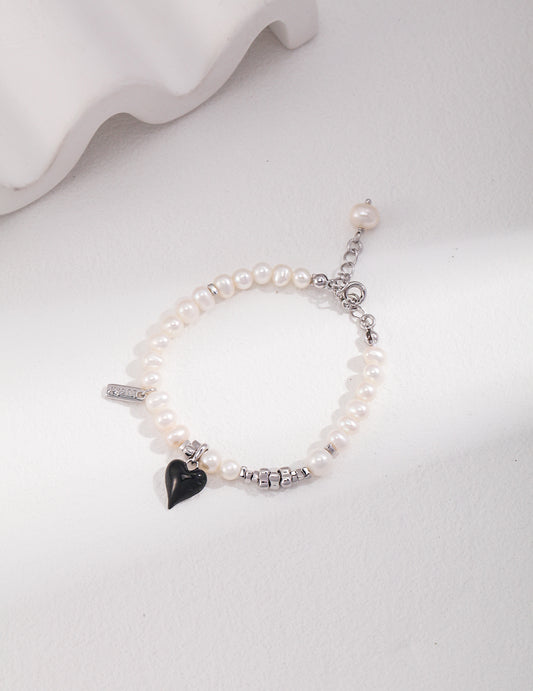 STERLING SILVER DRIP GLAZE PEARL HEART BRACELET