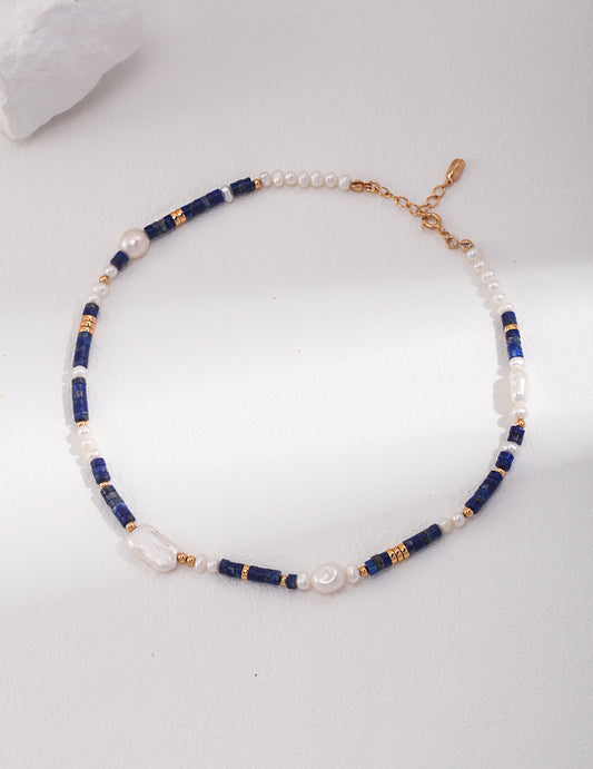 STERLING SILVER LAPIS LAZULI PEARL NECKLACE