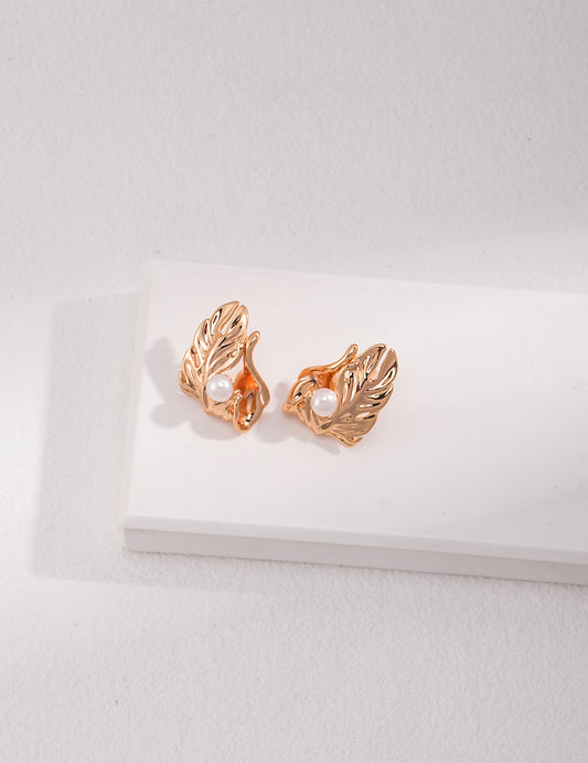 STERLING SILVER NATURAL PEARL LEAFY STUD  EARRINGS