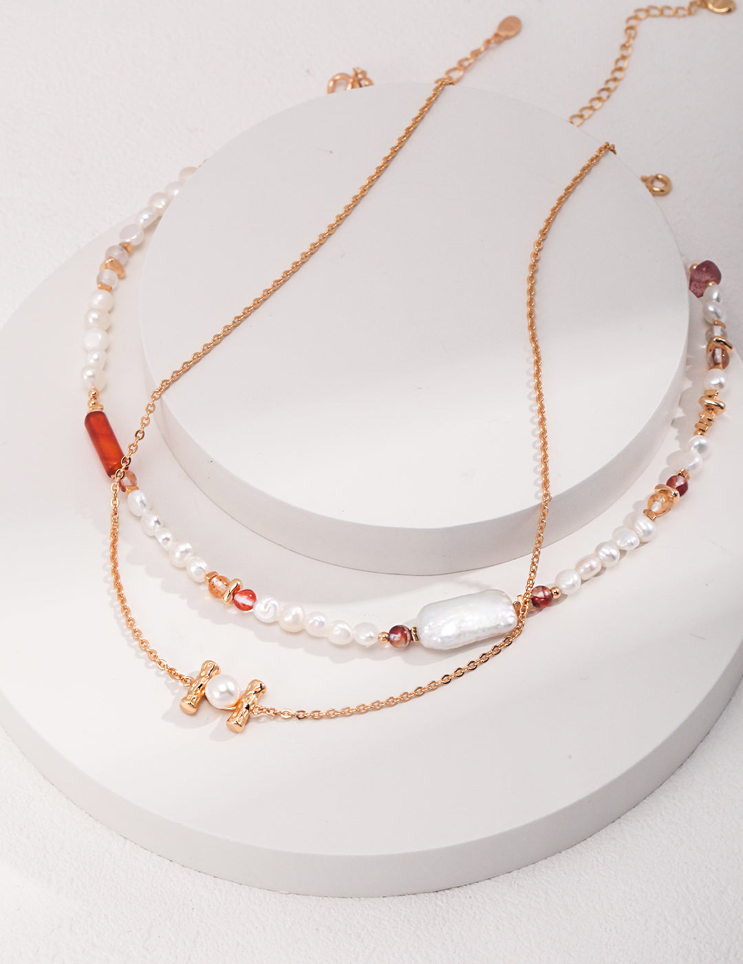 STERLING SILVER NATURAL PEARL STRAWBERRY CRYSTAL GRAVEL NECKLACE