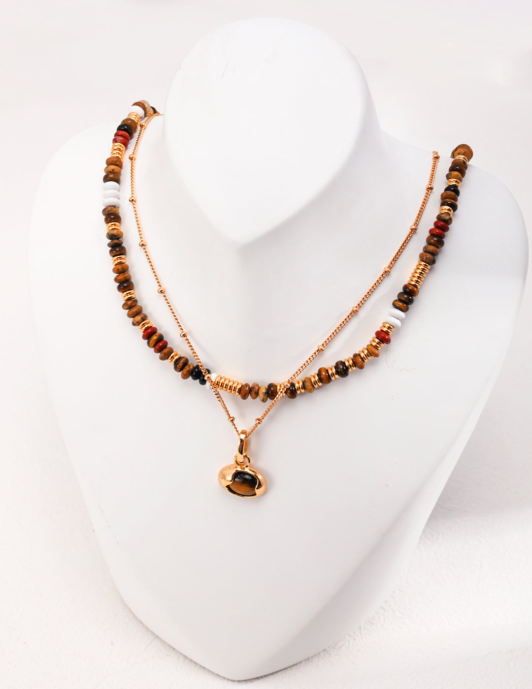 STERLING SILVER BLACK ONYX TIGER EYE BEAD NECKLACE