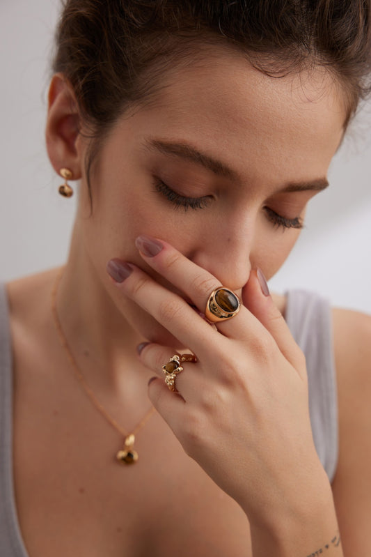 STERLING SILVER TIGER EYE ADJUSTABLE OPEN RING