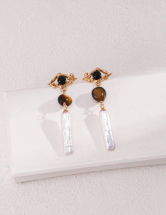 STERLING SILVER NATURAL BAROQUE PEARL TIGER EYE STONE EARRINGS