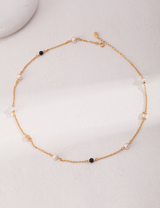 STERLING SILVER PEARL ONYX STACKING NECKLACE