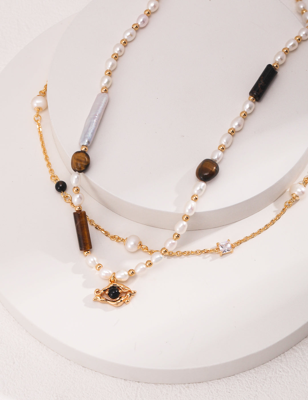 STERLING SILVER PEARL ONYX STACKING NECKLACE