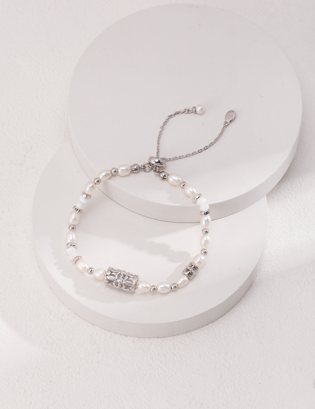 STERLING SILVER PEARL BEADED GEMSTONE SLIDING BRACELET