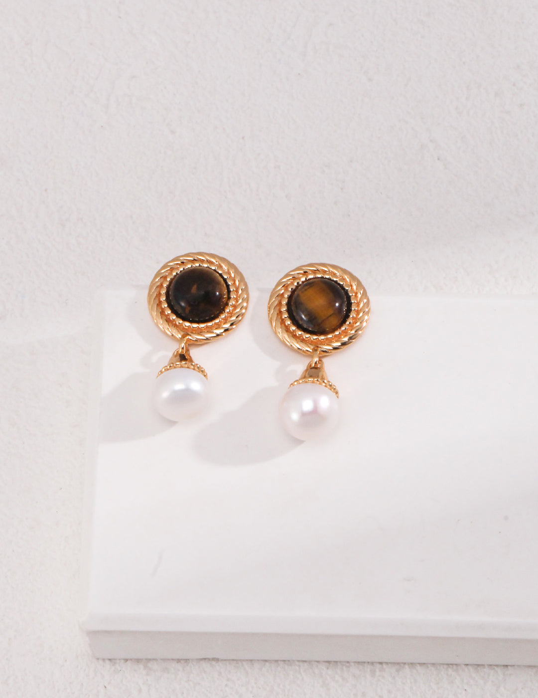 STERLING SILVER TIGER EYE PEARL DROP STUD EARRINGS